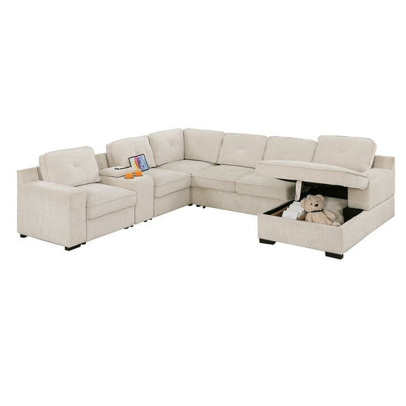 Hybition Chenille Sofa Modern Pullout Sofa bed 7 Seater Sectional Couch with Multifunctional Console & Storage Chaise-Color:Beige