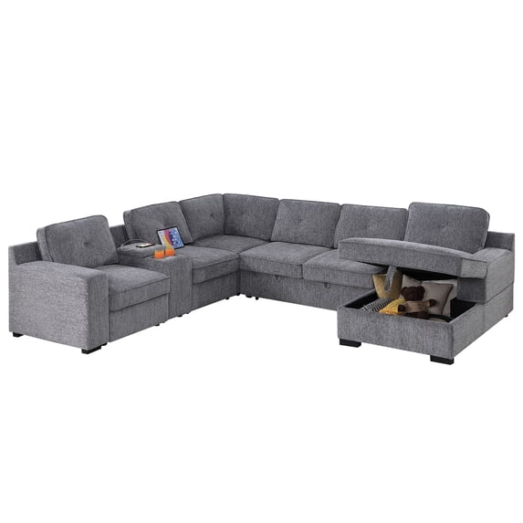 Hybition Chenille Sofa Modern Pullout Sofa bed 7 Seater Sectional Couch with Multifunctional Console & Storage Chaise-Color:Light Grey
