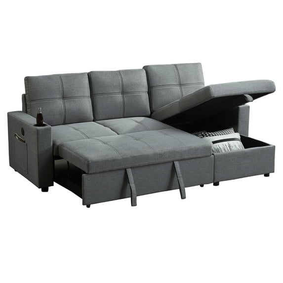 Hybition Convertible Sleeper SofaBed Fabric L-Shaped Sectional Sofa Gray