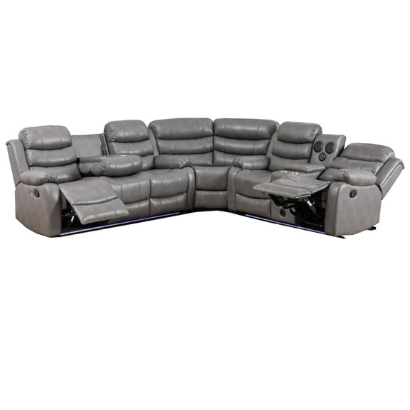 Hybition Faux Leather Living Room Set Modern Reclining Sectional Sofa Gray