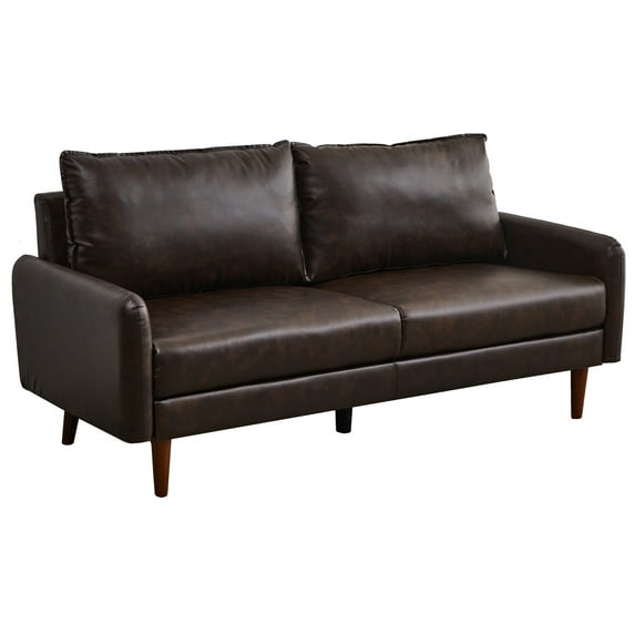 Hybition Faux Leather Sofa Modern Couch with Wooden Legs Brown