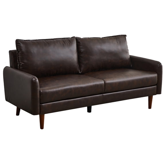 Hybition Faux Leather Sofa Modern Couch with Wooden Legs in Brown