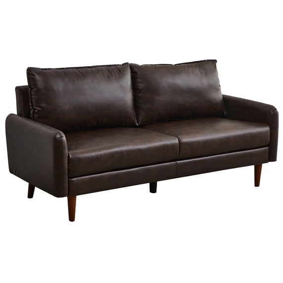 Hybition Faux Leather Sofa Modern Couch with Wooden Legs in Brown