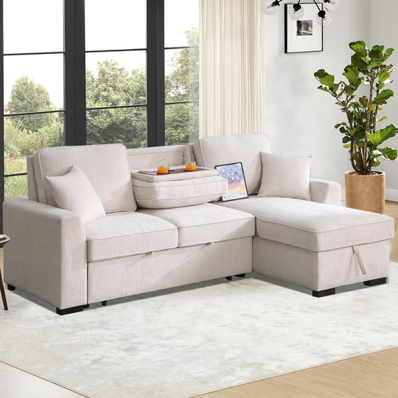 Hybition L-Shaped Sleeper Sectional Sofa with Storage Chaise, Pull Out Bed, Drop-Down Table, Cup Holder, USB Charging, Couch for Living Room-Color:Beige