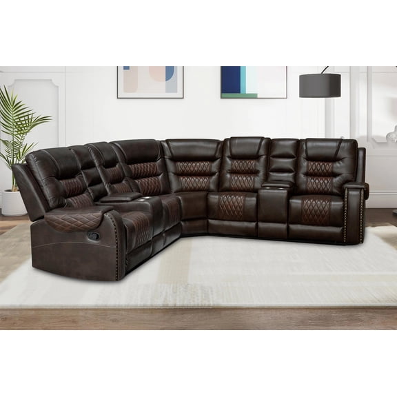 Reclining Faux Leather Sectional Sofa w/ Storage & Cup Holders Brown