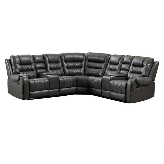 Hybition Manual Recliner Sectional Sofa Set PU Leather L-Shaped Couch Gray