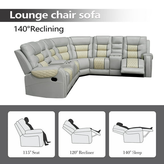 Hybition Manual Recliner Sectional Sofa sets with Cup Holders & Storage Box L-shaped Couch with 2 Theater Recliner Seat for Living Room - Beige