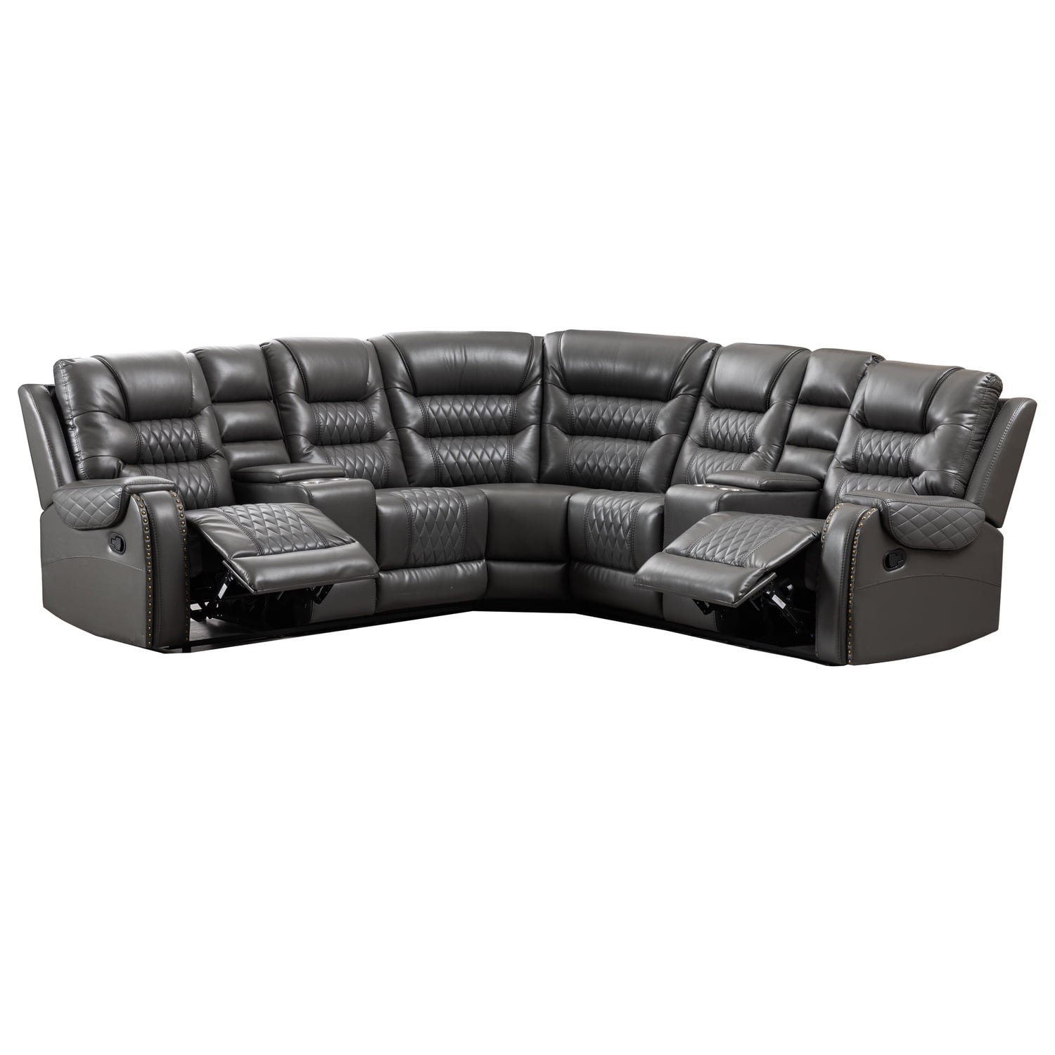 Hybition Manual Recliner Sectional Sofa sets with Cup Holders & Storage Box L-shaped Couch with 2 Theater Recliner Seat for Living Room - Grey
