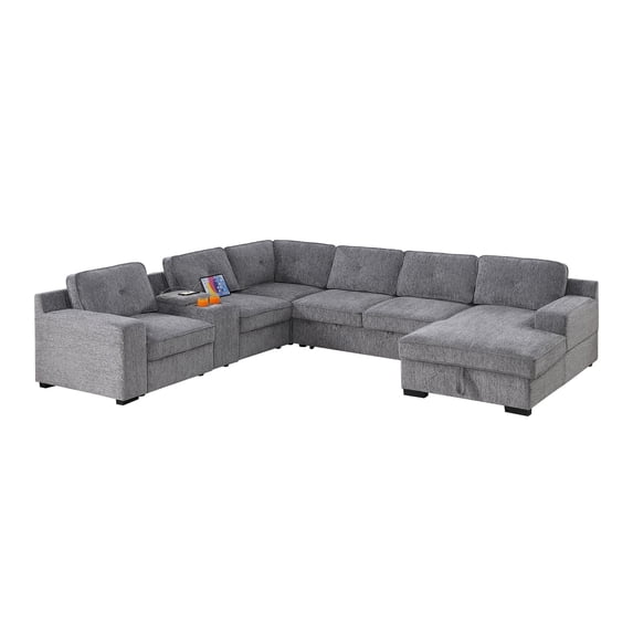 Hybition Modern Chenille Sofa Pull out Sofabed & Multifunctional Console-Grey