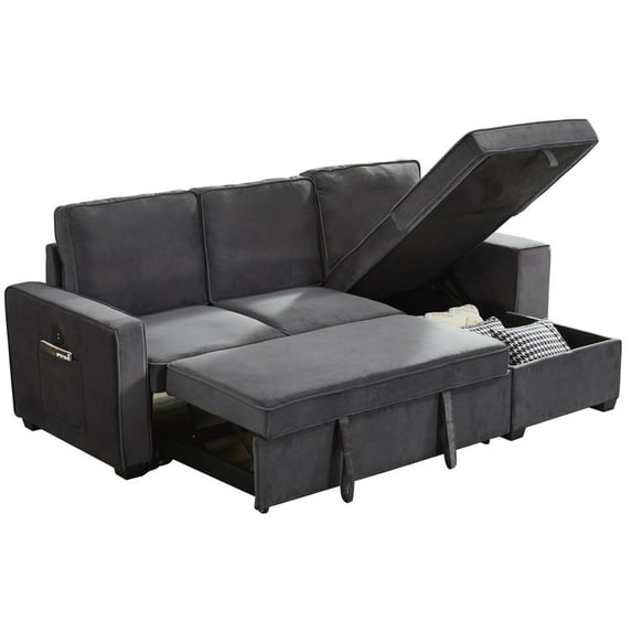 Hybition Modern L-Shaped Sectional Sofa Velvet Sofabed with Storage Chaise Gray