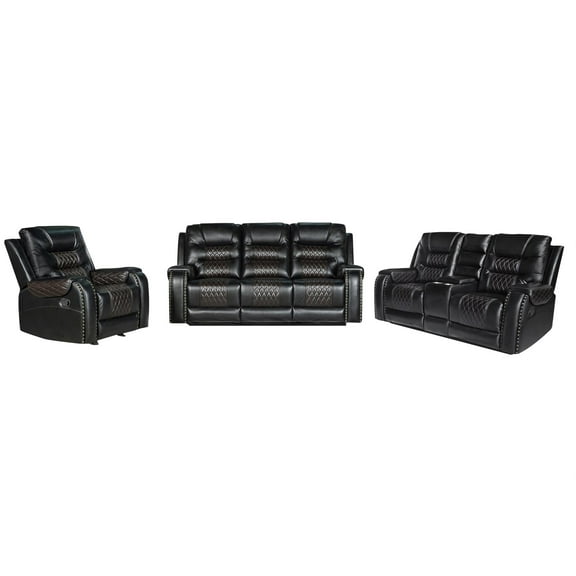 Hybition PU Leather Manual Recliner Sofa Set 3 Pieces Living Room Set  Black