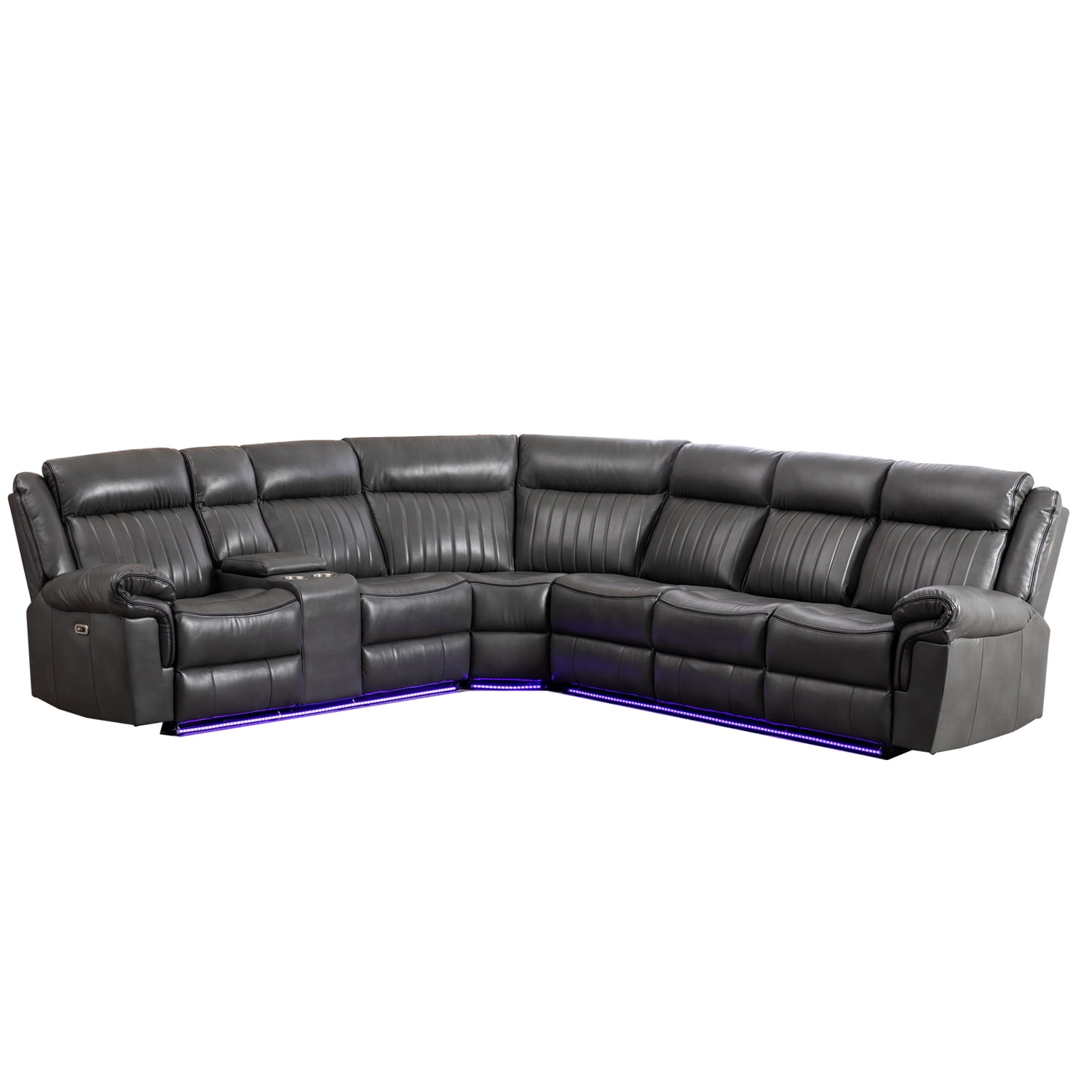 Gray Faux Leather Power Reclining Sectional with Cup Holders and LED Lights