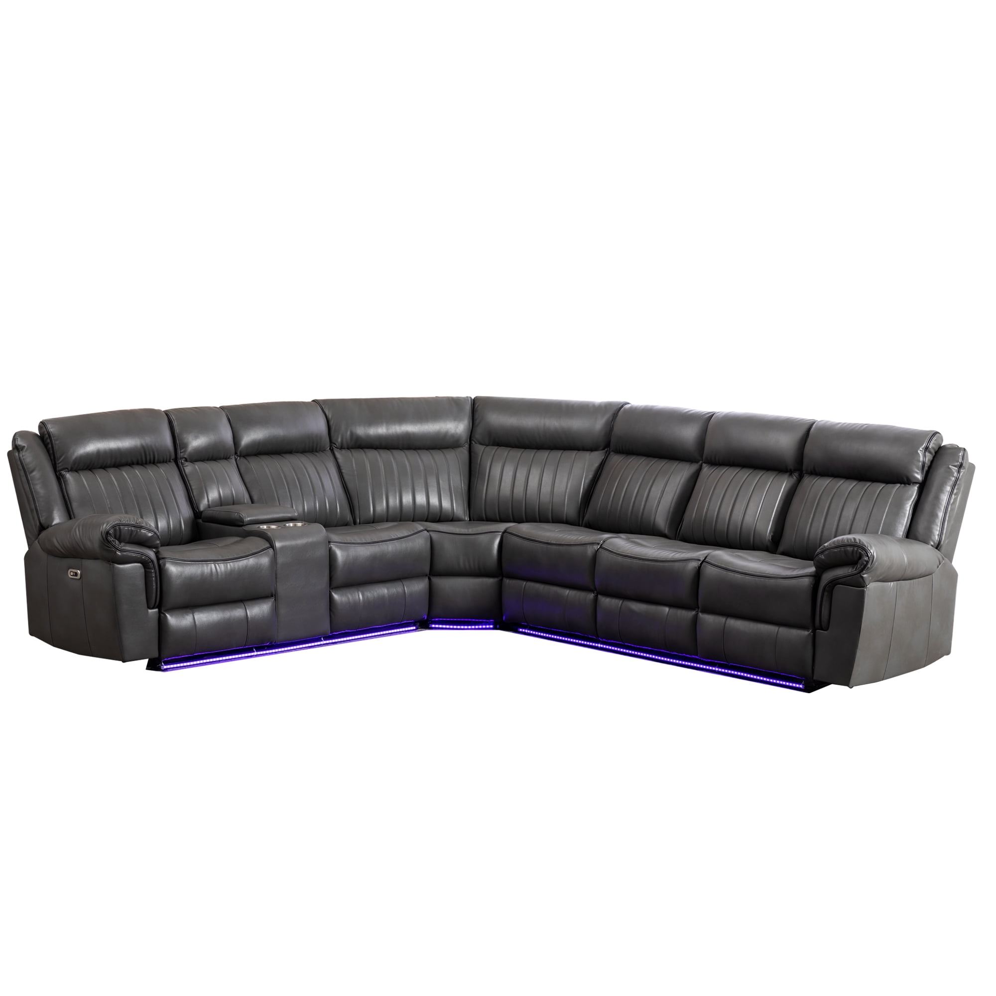 Gray Faux Leather Power Reclining Sectional with Cup Holders and LED Lights