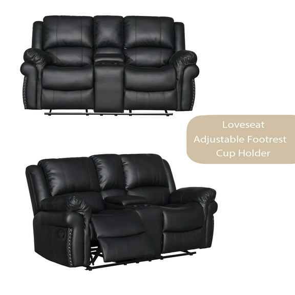 Hybition Reclining Sectional Sofa Set - 3 Piece Leather Loveseat, Adjustable Footrest & Cup Holders-Color:Black