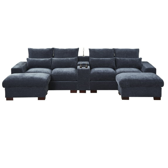 Hybition Sectional Sofa with 2 ottoman, Chenille Living Room Set, LED Light, Wireless Charging, Storage Console, Cup Holder-Color:Dark Grey