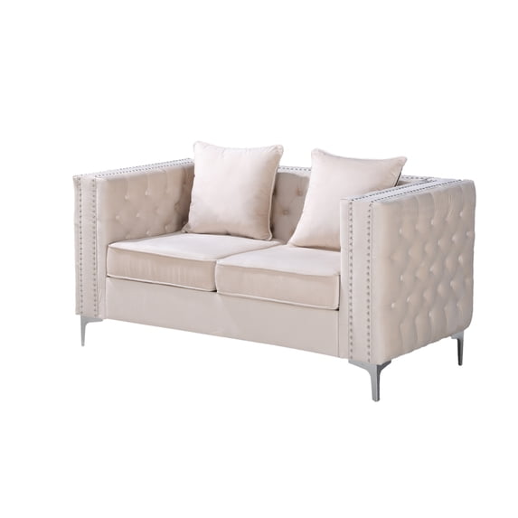Hybition Velvet Sofa Modern Loveseat with Button-Tufted & Metal Legs Beige