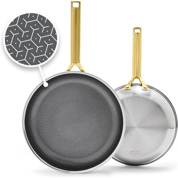 Hybrid 9.5 & 11 Nonstick Stainless Steel Frying Pan Set, APEX Tri-Ply Thermobond PFAS-Free Ceramic Skillets, Induction & All Cooktop Compatible, Oven Temp to 850F, Dishwasher Safe, Gold