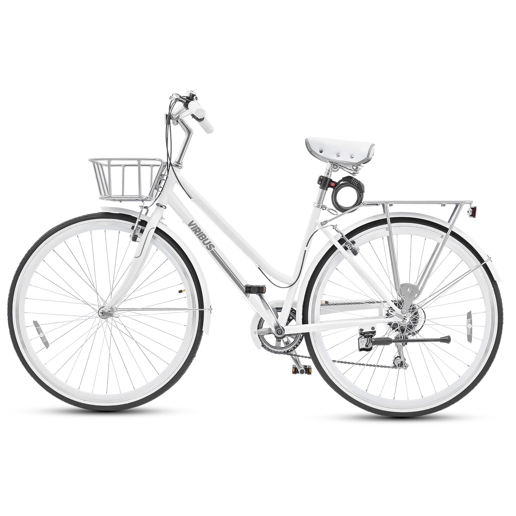 シティサイクル　White Hybrid Bike, 700c City Commute Cruiser Bike with 7 Speed