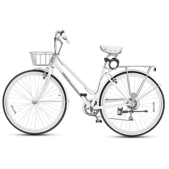 Hybrid Bike, 700c City Commute Cruiser Bike with 7 Speed Drivetrain 28" Wheel Step Through Frame Front Basket Rear Cargo Rack Dual V Brakes,White