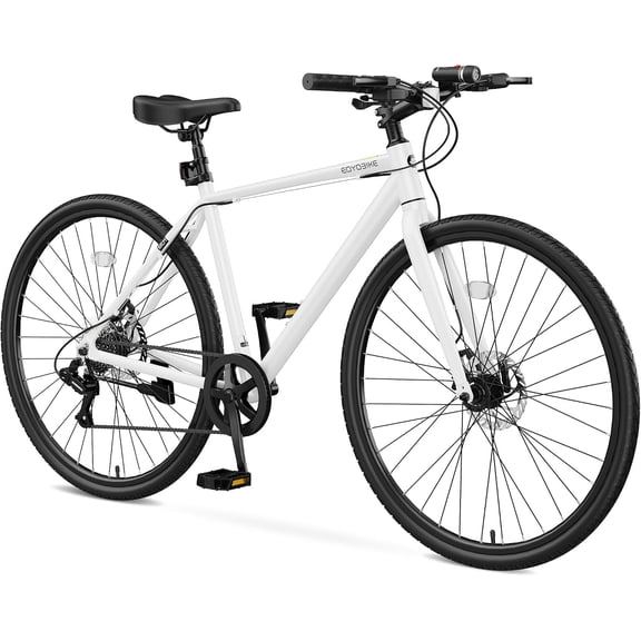 Hybrid Bike for Adults, 8 Speed 700C Commuter Bikes for City and Beach, 29 lbs Aluminum Frame and LED Headlight, Bicycles for Men and Women 5'7"-6'1"