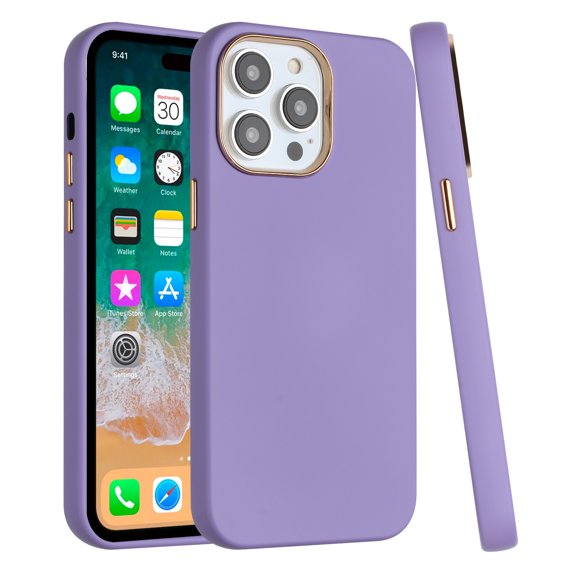 Hybrid Case Compatible with Apple iPhone 14 Pro Max (6.7") Slim Classic Hybrid Rubber Gummy Gel Slick Hard PC Silicone TPU Chromed Button Cover [ Purple ]