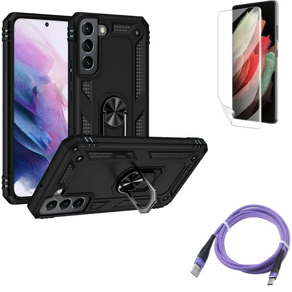 Hybrid Case Cover & 6ft USB Cable & Matte Screen Protector for Samsung Galaxy S22 Plus (S22+) - Combo Metal Ring Kickstand & Purple Type-C Charger Cord & TPU Film Anti-Glare