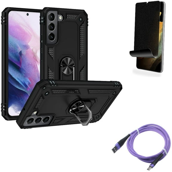 Hybrid Case Cover & Privacy Screen Protector & 10ft USB Cable for Samsung Galaxy S22 Plus (S22+) - Combo Metal Ring Kickstand & TPU Film (Fingerprint Works) Anti-Peep & Purple Type-C Charger Cord