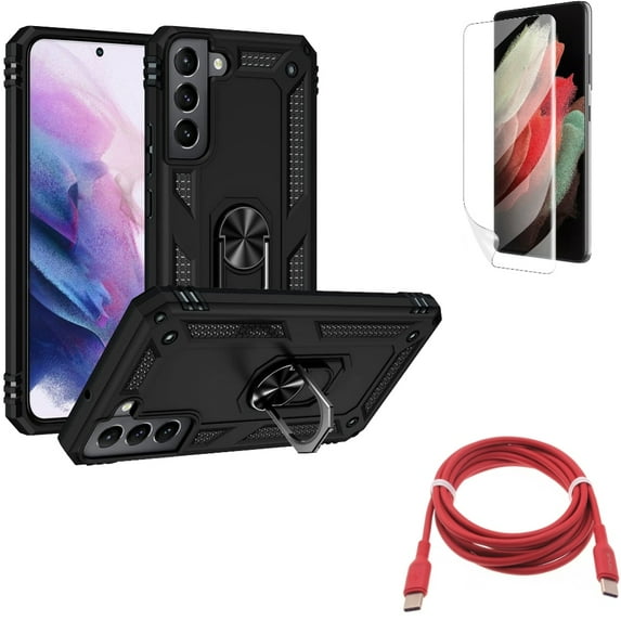 Hybrid Case Cover & Red 6ft Long Cable & Matte Screen Protector for Samsung Galaxy S22 Plus (S22+) - Combo Metal Ring Kickstand & USB-C to Type-C PD Fast Charger Cord & TPU Film Anti-Glare