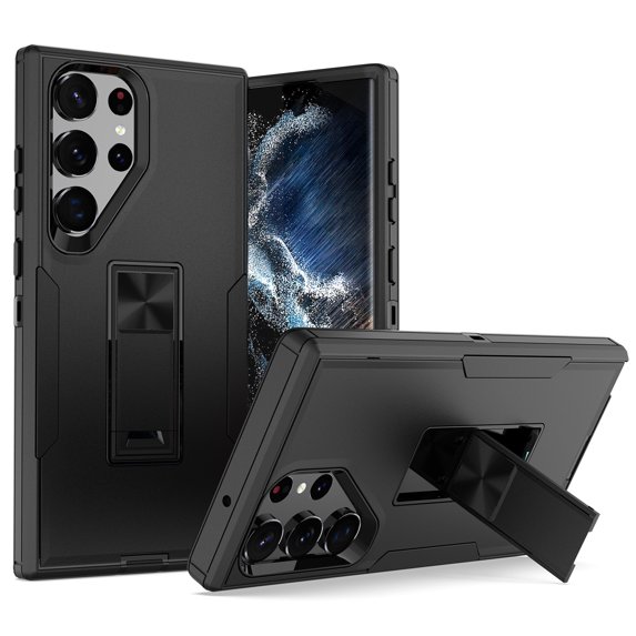 Hybrid Case for Galaxy S24 Ultra, Protective Slim Cover Heavy Duty Rugged Shockproof with Kickstand Support Magnetic Car Mount Hard PC Armor Case for Samsung S24 Ultra,Black+Black