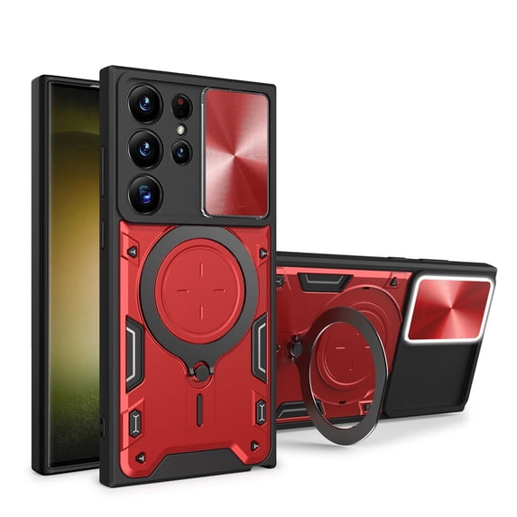 Hybrid Case for Samsung Galaxy S23 Ultra, with Rotating Stand Ring Magnetic Magnet Drop Protection Rugged Cover Heavy Duty Phone Case for Samsung Galaxy S23 Ultra - Red