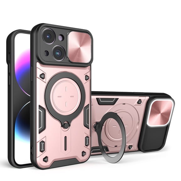 Hybrid Case for iPhone 14, with Rotating Stand Ring Magnetic Magnet Drop Protection Rugged Cover Heavy Duty Phone Case for iPhone 14 - Pink