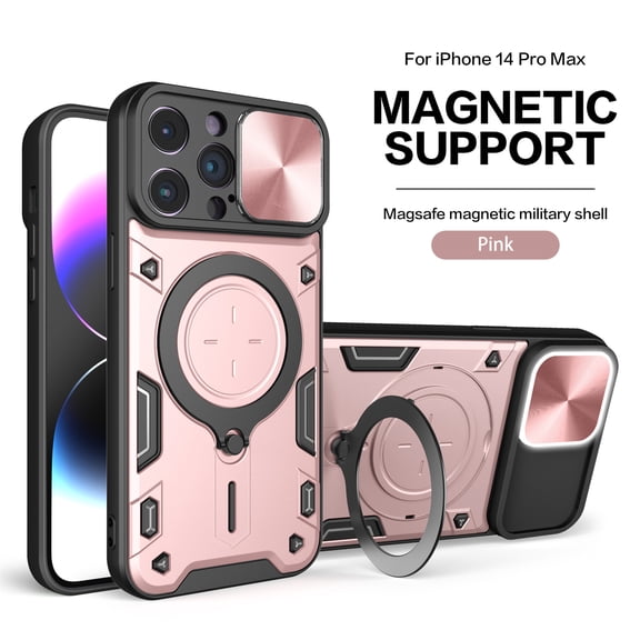 Hybrid Case for iPhone 14 Pro Max, with Rotating Stand Ring Magnetic Magnet Drop Protection Rugged Cover Heavy Duty Phone Case for iPhone 14 Pro Max - Pink
