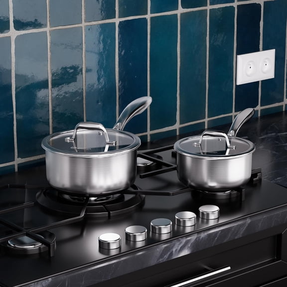 Hybrid Ceramic Nonstick Sauce Pan Set, 1.5 & 2 QT Stainless Steel Cookware with Lids for Induction