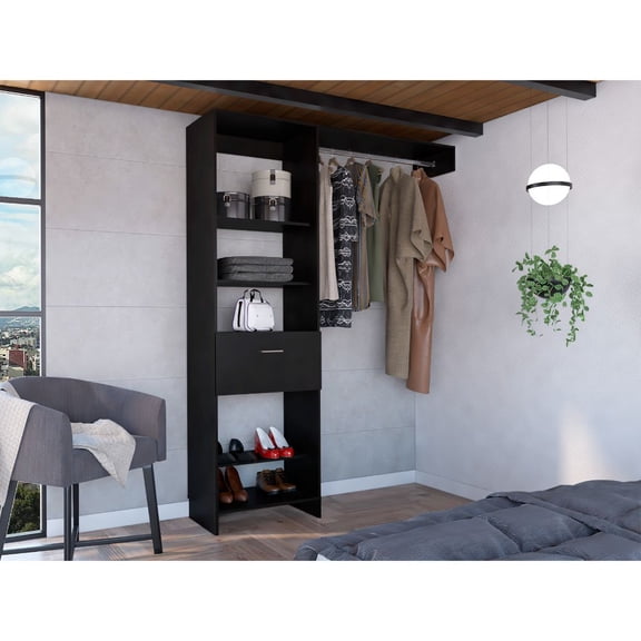 Hybrid Closet System, Five Open Shelves, One Drawer, Metal Rod