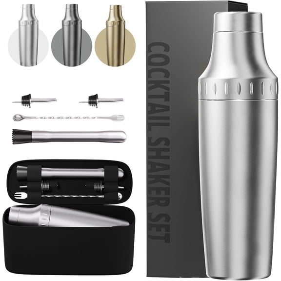 Hybrid Cocktail Shaker Set | Vacuum Insulated Stainless Steel Martini Shaker with Strainer & Jigger Lid | Travel cocktail kit with Bartender Accessory Tools | 30oz | Silver