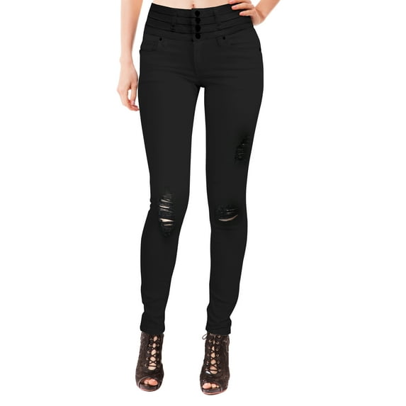 Hybrid & Company Women Butt Lift 4 Buttons High Wide Waist Stretch Denim Ripped Distressed Skinny Jeans