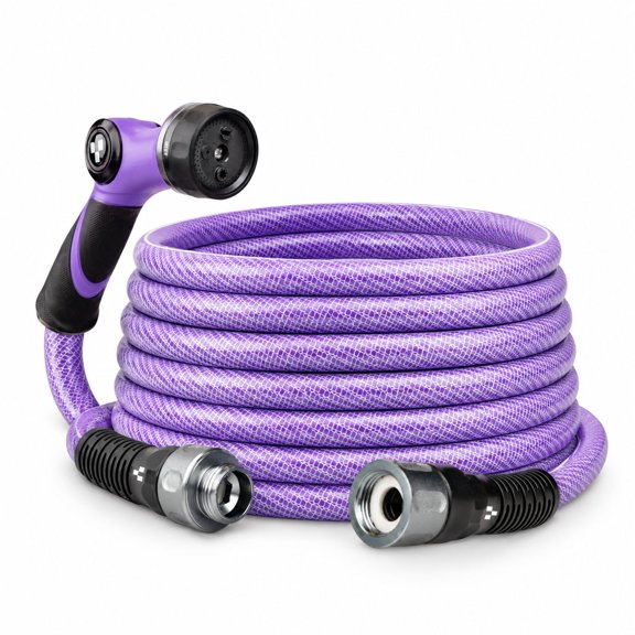 Hybrid Garden Hose, 5/8" 75ft, Purple, No-Kink Abrasion-Resistant with Aluminum Fittings and Spray Nozzle for Home and Garden Watering