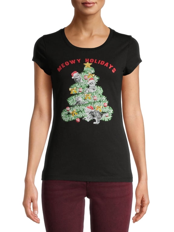 Hybrid Juniors Meowy Holidays Graphic T-Shirt