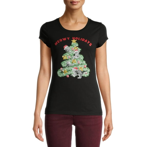 Hybrid Juniors Meowy Holidays Graphic T-Shirt