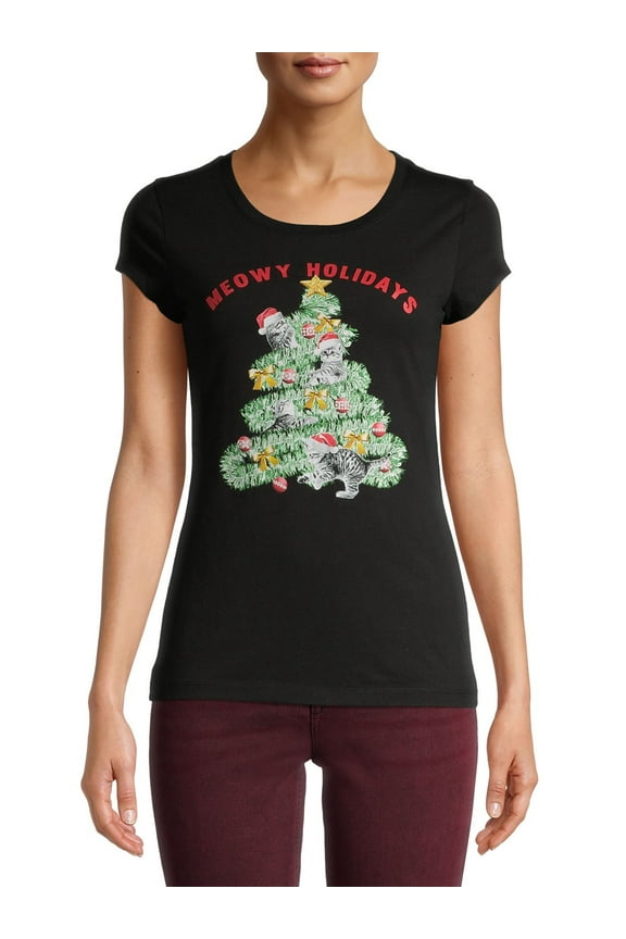 Hybrid Juniors Meowy Holidays Graphic T-Shirt