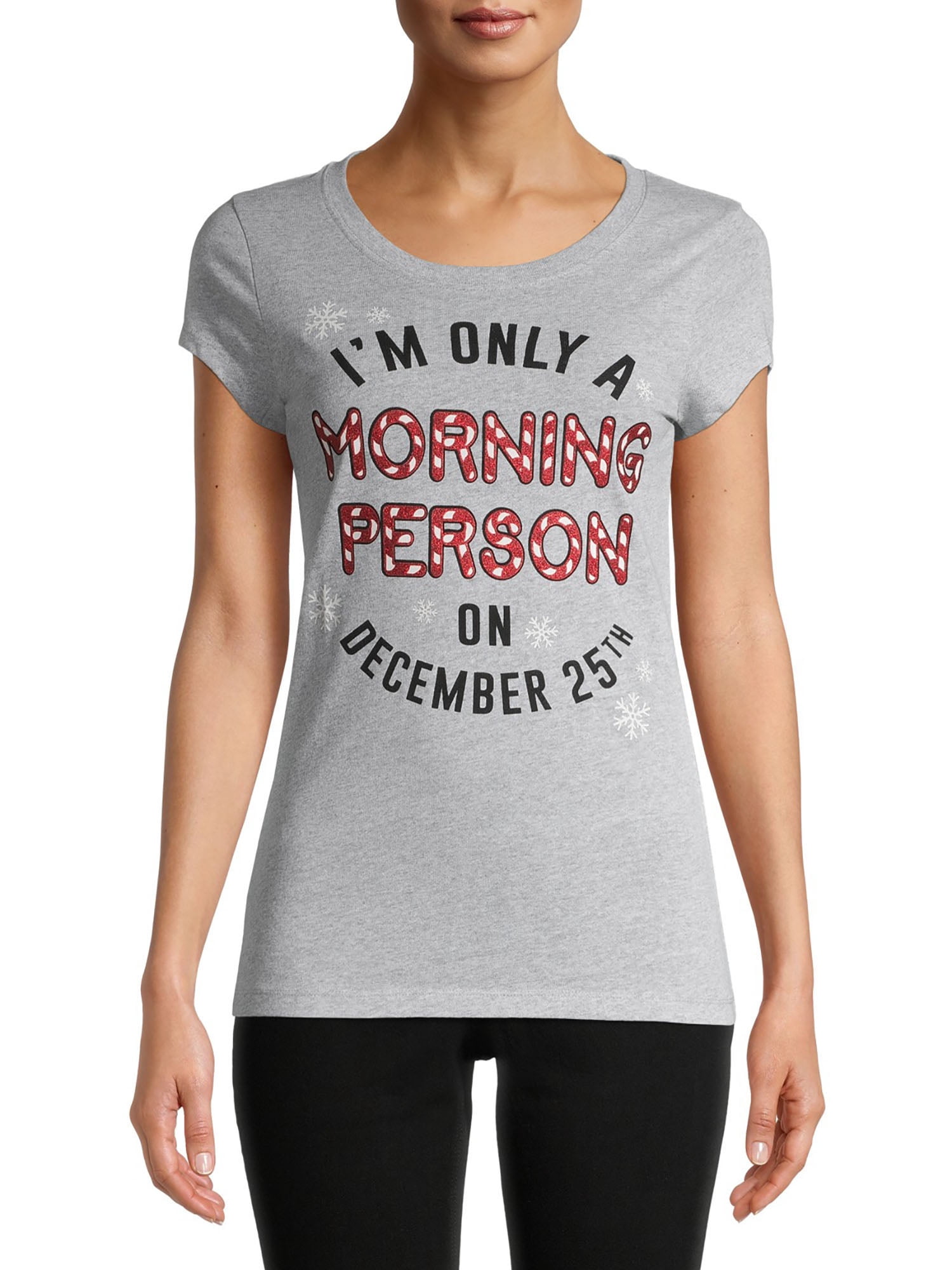 Hybrid Juniors Morning Person on December 25 Holiday Graphic T-Shirt with Glitter