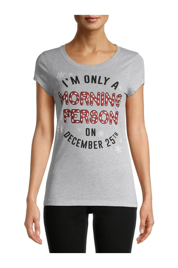Hybrid Juniors Morning Person on December 25 Holiday Graphic T-Shirt with Glitter