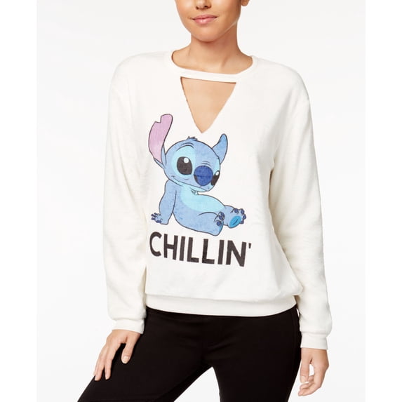 Hybrid Juniors Plush Stitch Graphic Choker Sweatshirt White XS