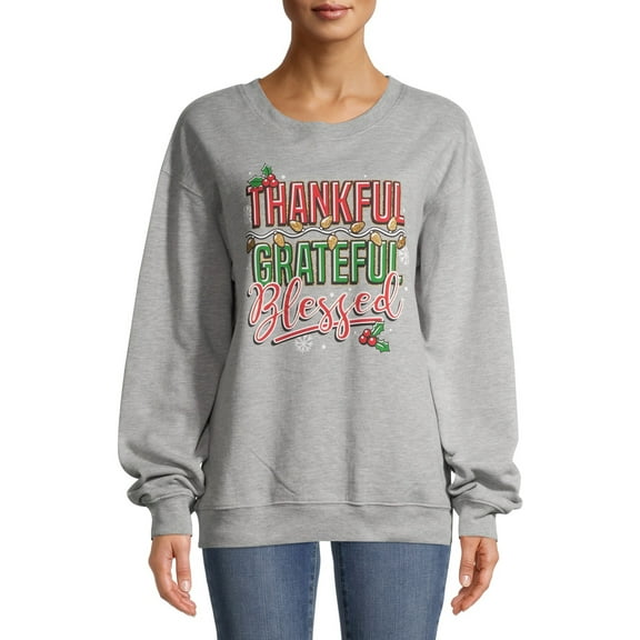 Hybrid Juniors Thankful Grateful Blessed Holiday Sweatshirt with Glitter