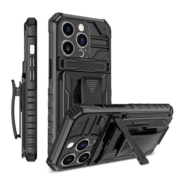 Hybrid Military-Grade Shockproof Case for iPhone 15 Features Hidden Kickstand, Detachable Rotating Belt Clip, and Robust Armor Protection, Black