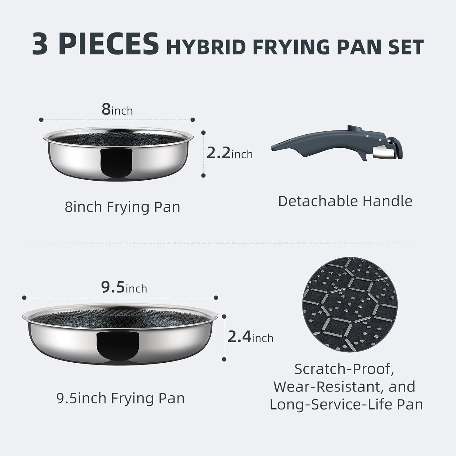 Hybrid Non Stick Frying Pans Set 3-Piece Tri-Ply Stainless Steel Detachable Handle Skillets for All Cooktops