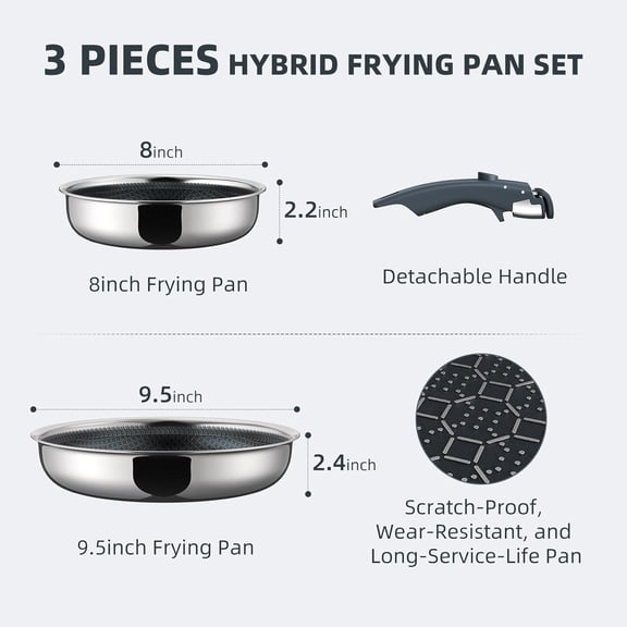 Hybrid Non Stick Frying Pans Set 3-Piece Tri-Ply Stainless Steel Detachable Handle Skillets for All Cooktops