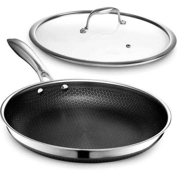 HexClad Hybrid Nonstick 12-Inch with Tempered Glass Lid, Stay-Cool Handle, Dishwasher-Friendly, Oven-Safe Up to 900F, Induction Ready, Compatible All Cooktops
