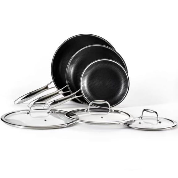 Frying Pans Set Non Stick, 6 Pcs Premium 18/10 5-Ply Stainless Steel | Hybrid Non stick 8 10 12-inch Frying Pans with Lid, Induction Compatible, Professional Chef Quality Cookware Set