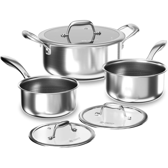 Hybrid Nonstick 6 count Pot Set, 1.5 & 2QT Saucepan and 5-Quart Pots with Glass , Induction Stainless Steel Cookware, Stay-Cool Handles, Dishwasher Safe, Compatible with Cooktops